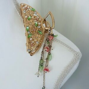 Gold Floral Rhinestone Hair Clip with Green and Pink Accents
